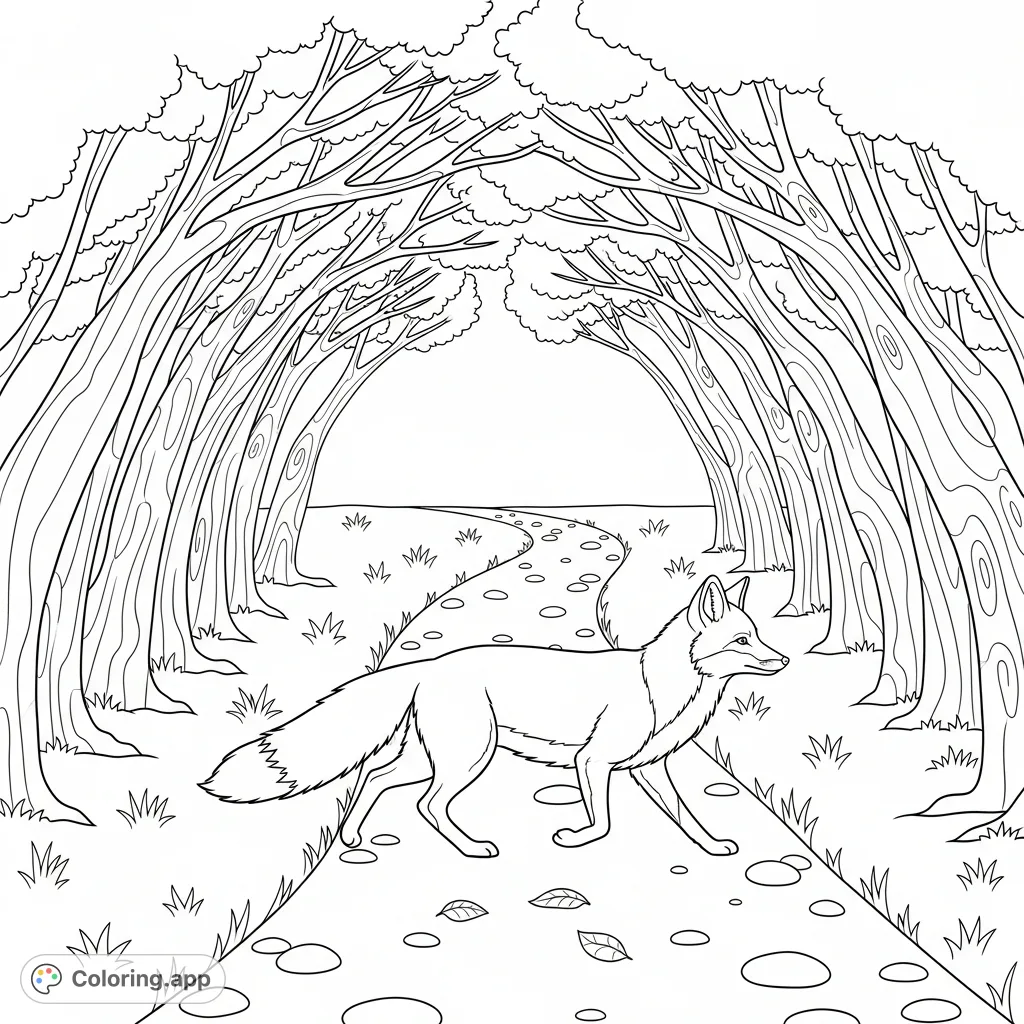 A charming fox trots along a winding forest path, framed by arching trees. A simple and delightful scene for relaxation and creative expression.