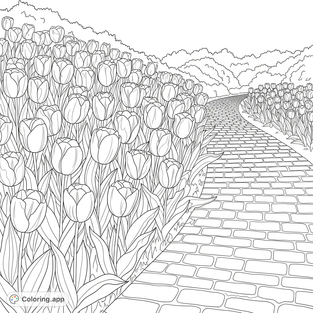 Discover a charming tulip garden path, adorned with numerous cup-shaped blooms and lush shrubs, ready for a delightful burst of color. A perfect spring scene to color.