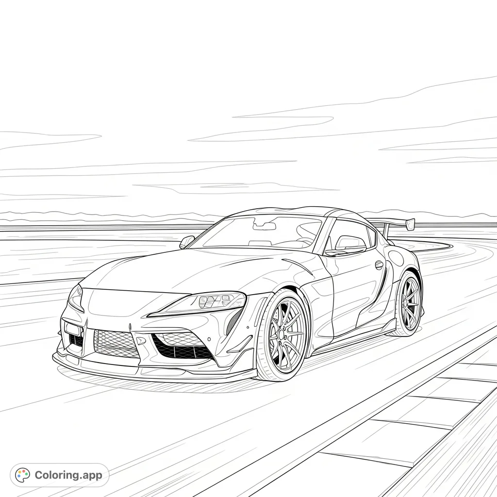 Color a dynamic tuned MK5 Supra on a racetrack, featuring a prominent front splitter and sculpted side skirts against a minimal track background.