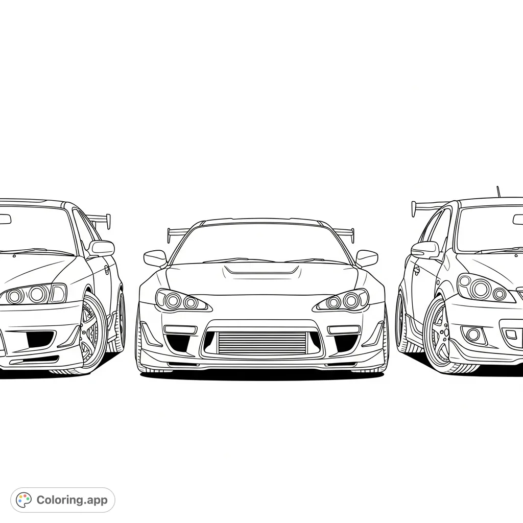 A detailed coloring page featuring a symmetrical lineup of three tuner-style vehicles: a coupe, sedan, and hatchback, each with unique modifications.