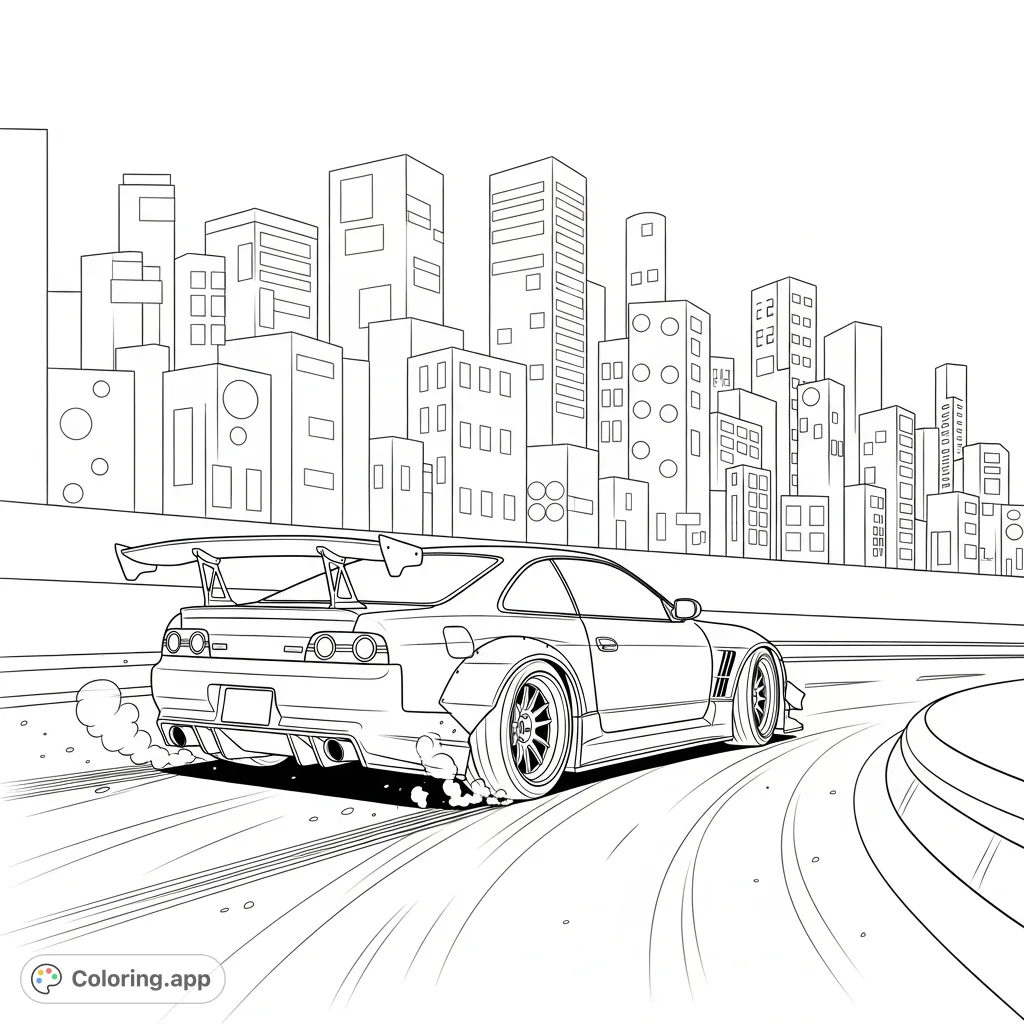 Experience the thrill of a customized tuner car mid-drift. Geometric city lights define the urban backdrop, perfect for dynamic coloring.