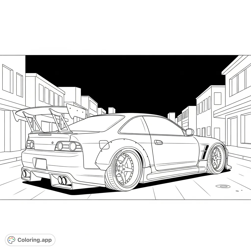 A powerful tuner-style coupe with widebody fenders and a large rear wing is parked on a simplified night street, ready for a creative touch.