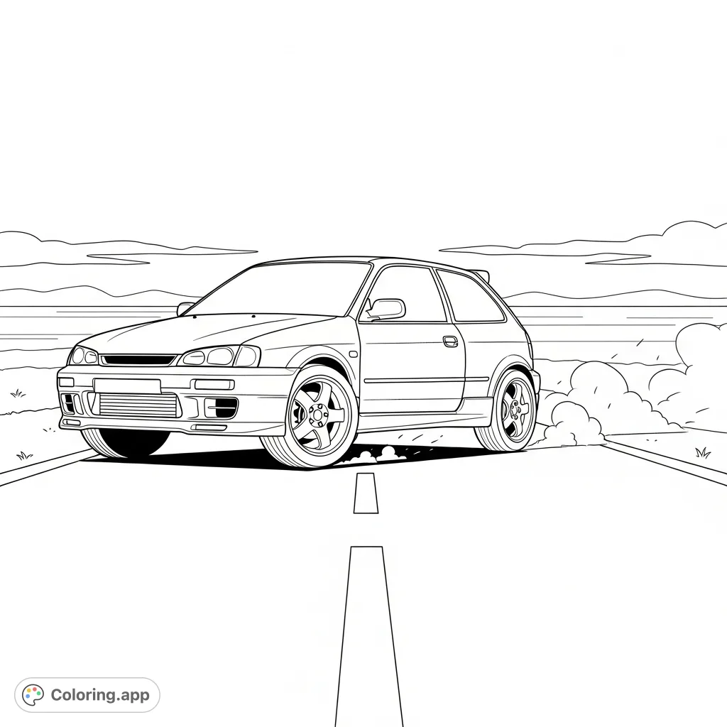 A dynamic coloring page featuring a sporty turbo hatchback in a launching pose, with minimal dust and simple road lines for a sleek, fast aesthetic.