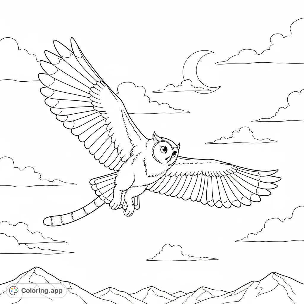 Witness a majestic meowl soaring gracefully under a crescent moon. This fantasy creature coloring page offers intricate details for creative expression and relaxation.
