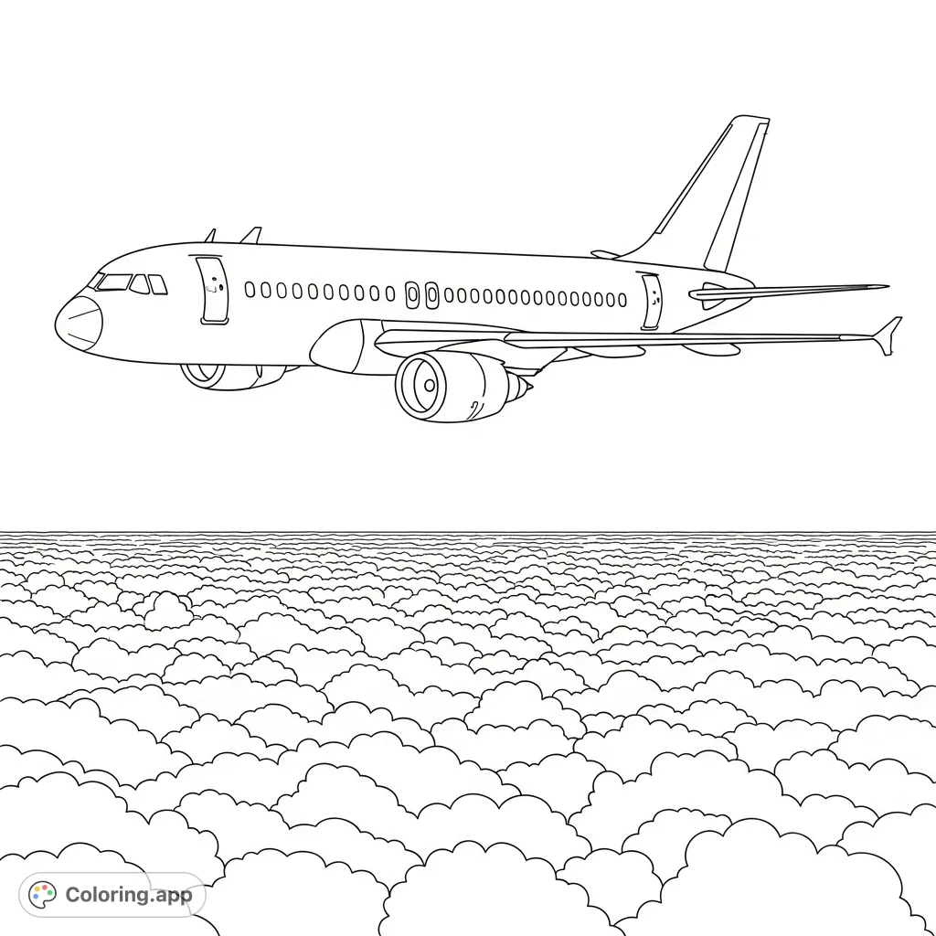 Color a sleek twin-engine airliner flying high above a scattered cloudscape, featuring detailed wings, engines, and a vast sky for a dynamic aviation scene.