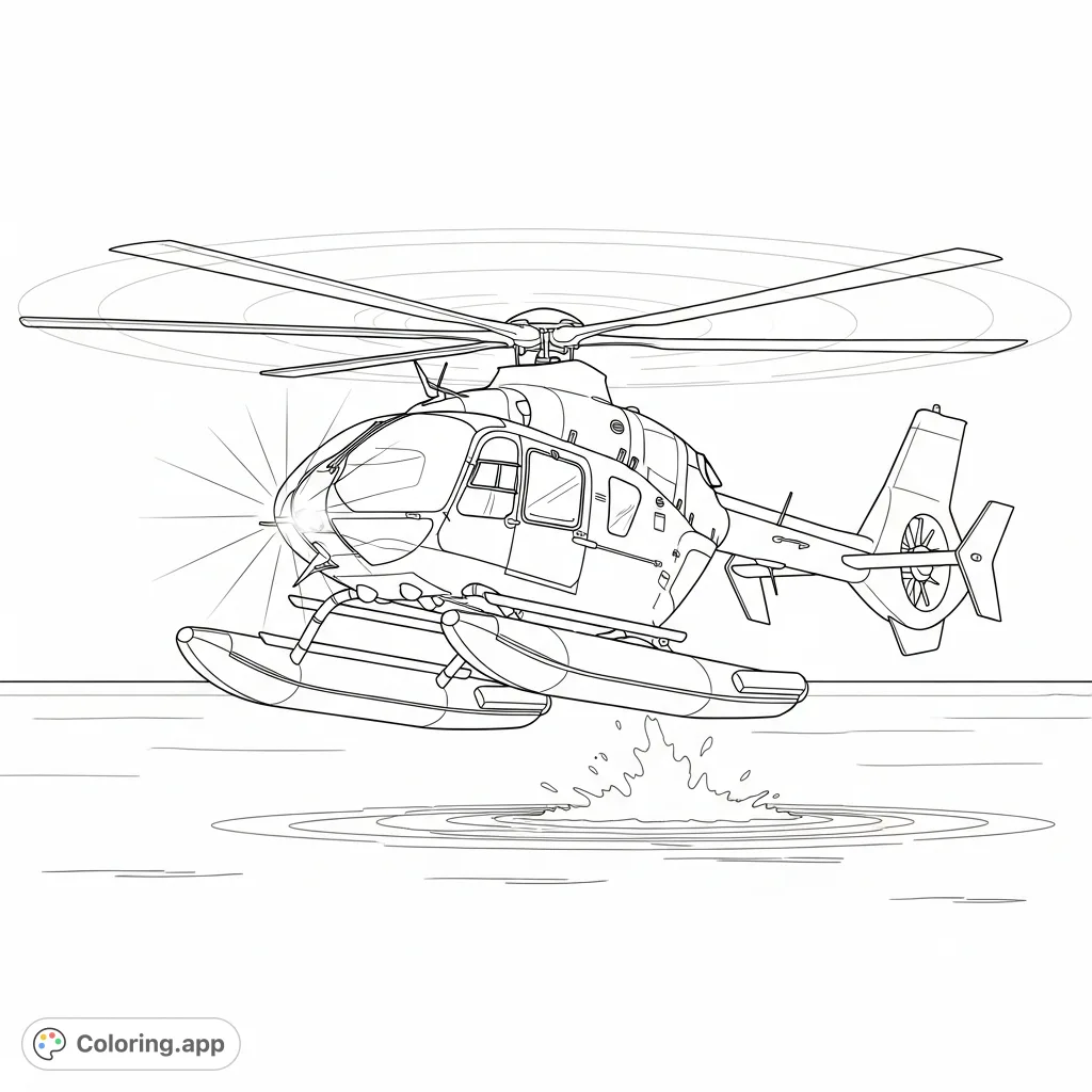 Color a powerful twin-engine helicopter with pontoons as it gracefully lifts off a tranquil water surface, leaving minimal ripples behind.