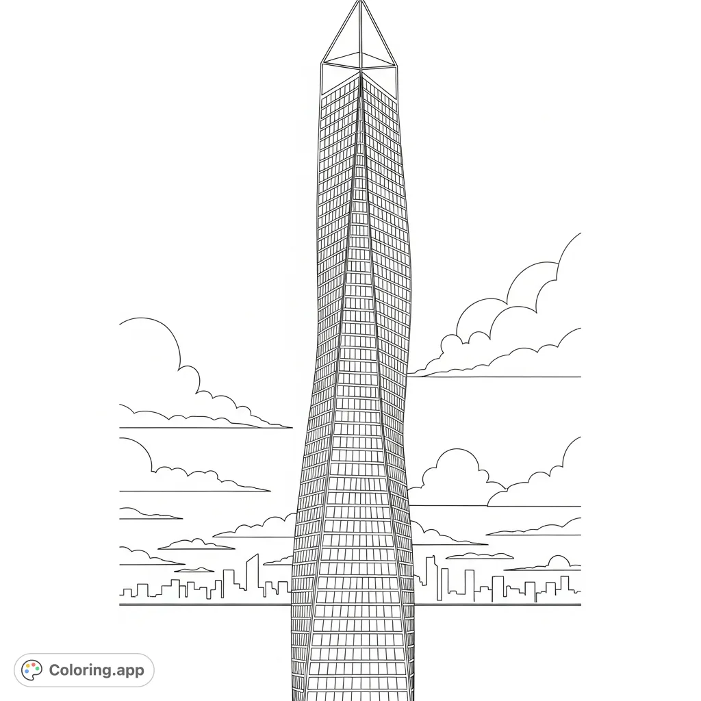 Color a dynamic, twisting skyscraper with geometric glass panels dominating a minimalist city skyline. A challenging modern architectural design.