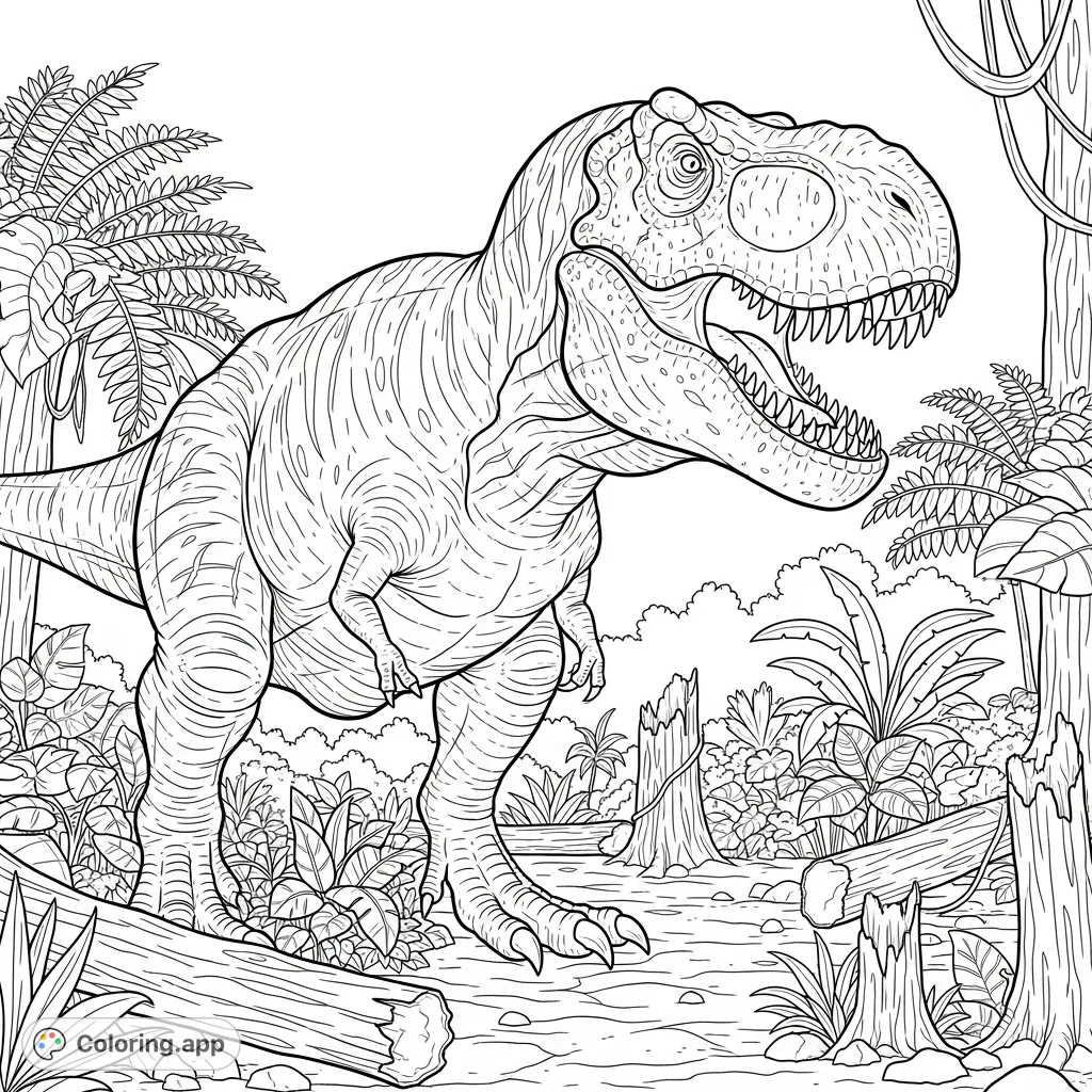 Experience prehistoric power with this colossal Tyrannosaurus Rex amidst a dense jungle. Its massive jaws and scaly hide offer an exciting coloring challenge.
