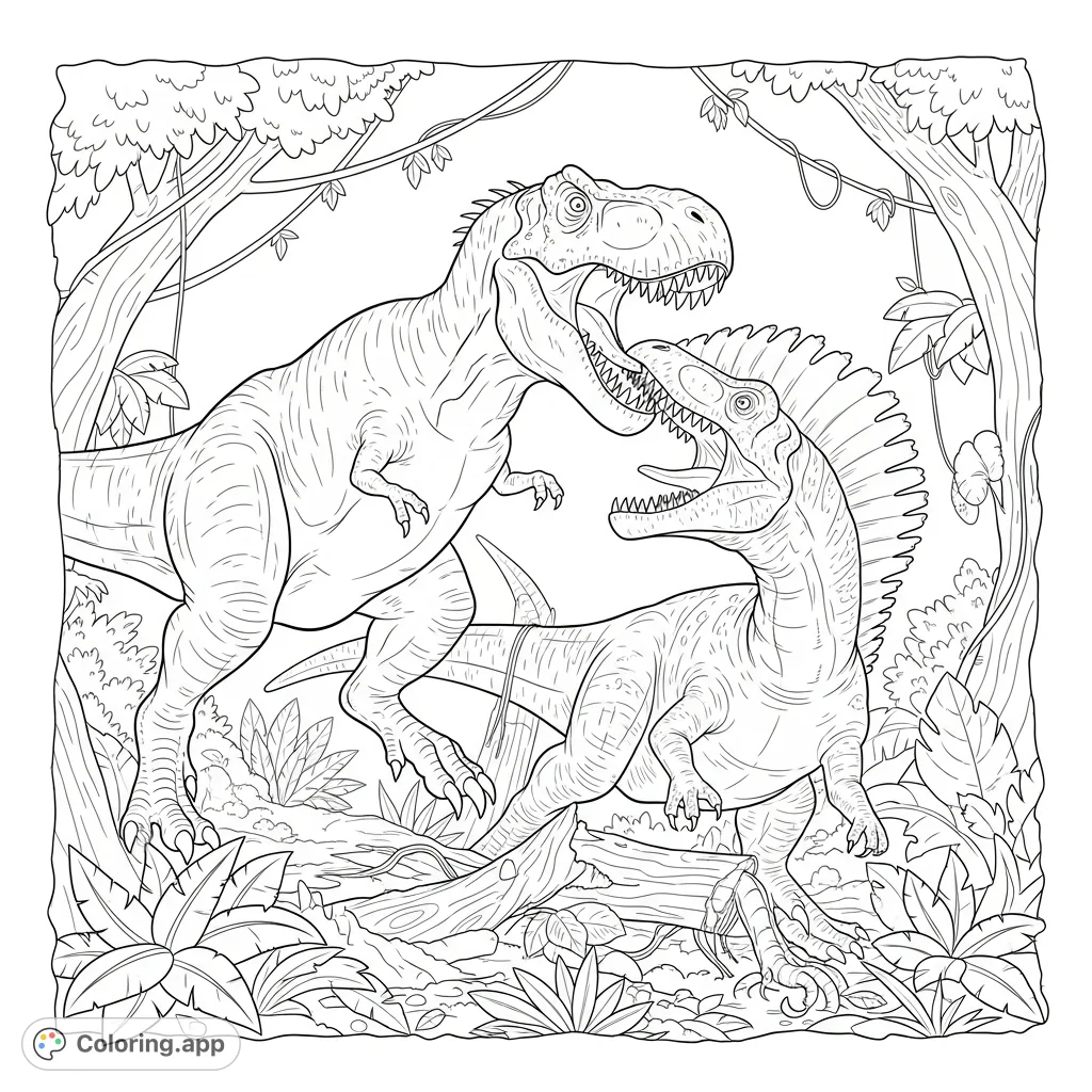 Witness an epic prehistoric clash with this dinosaur coloring page featuring a Tyrannosaurus Rex and Giganotosaurus in a ferocious jungle battle.
