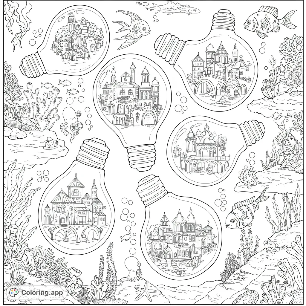 Dive into a whimsical underwater world! Six lightbulbs hold intricate miniature cities, surrounded by vibrant marine life and coral reefs. A unique fantasy coloring page.