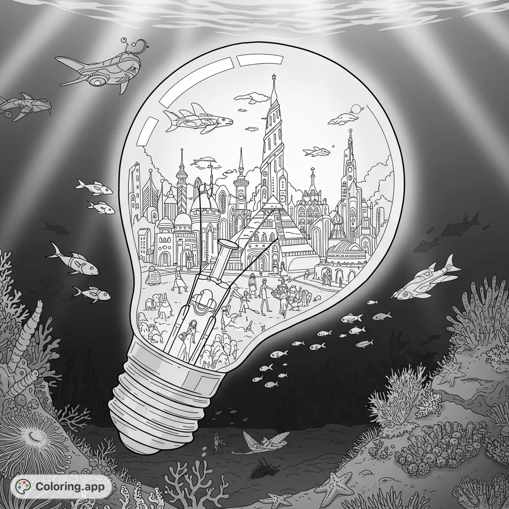 Dive into a futuristic underwater city contained within a lightbulb, surrounded by marine life and advanced submersibles. A unique, imaginative coloring adventure.