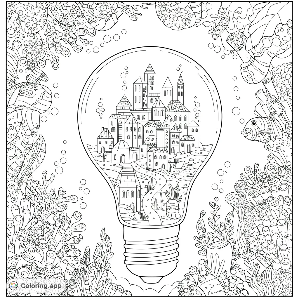 An intricate black and white line drawing featuring a whimsical city inside a lightbulb, surrounded by a detailed underwater world of coral and sea creatures.