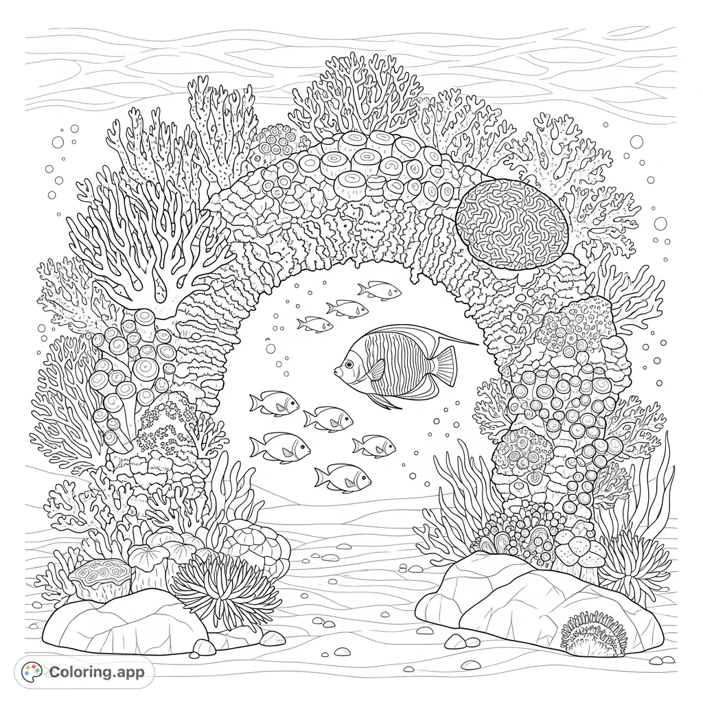 Dive into an aquatic masterpiece! This intricate coloring page features a magnificent coral archway teeming with diverse sea creatures and vibrant underwater flora. Explore ocean depths!