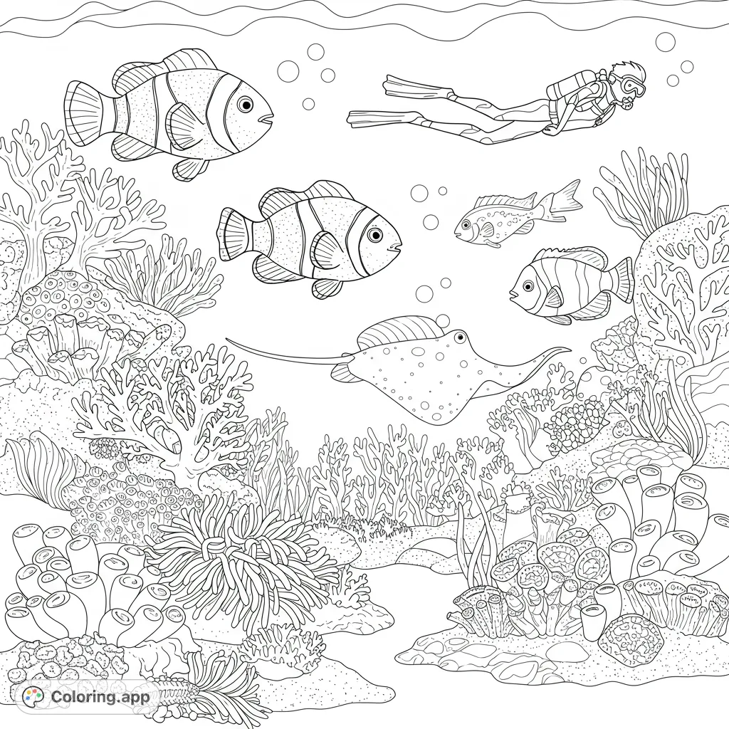 Explore a vibrant underwater coral reef with a scuba diver, clownfish, stingray, and diverse marine life. A free printable ocean adventure coloring page.