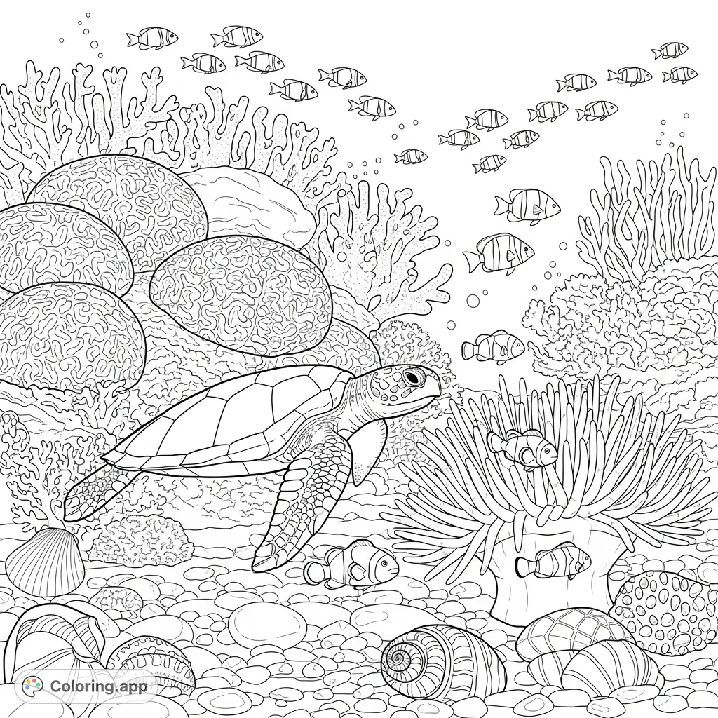 Explore a thriving coral reef with brain and staghorn corals, schools of fish, a majestic sea turtle, and playful clownfish in a large anemone. A detailed underwater adventure awaits!