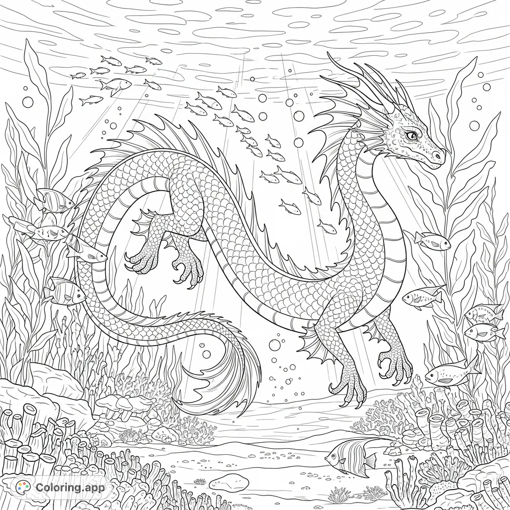 A majestic water dragon gracefully glides through a vibrant underwater world, surrounded by schools of fish, intricate coral, and swaying kelp.