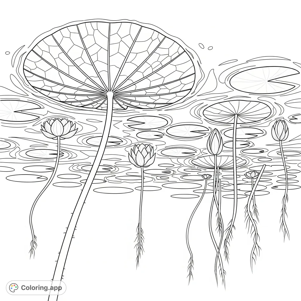 Explore the serene underwater world beneath a large water lily pad, featuring intricate roots, blossoms, and abstract light patterns.