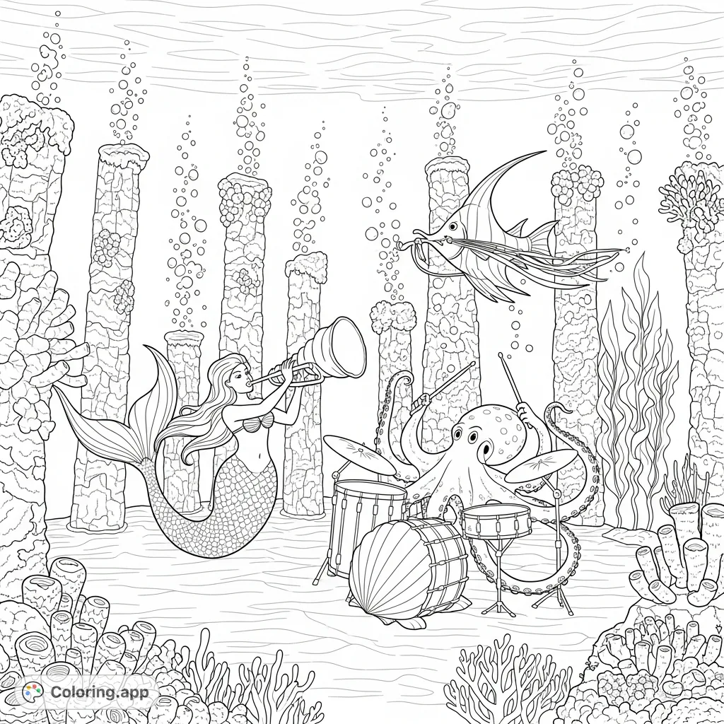 Dive into a lively underwater concert featuring a mermaid on trumpet, an octopus drumming on shells, and a fish strumming kelp. Intricate marine details await!