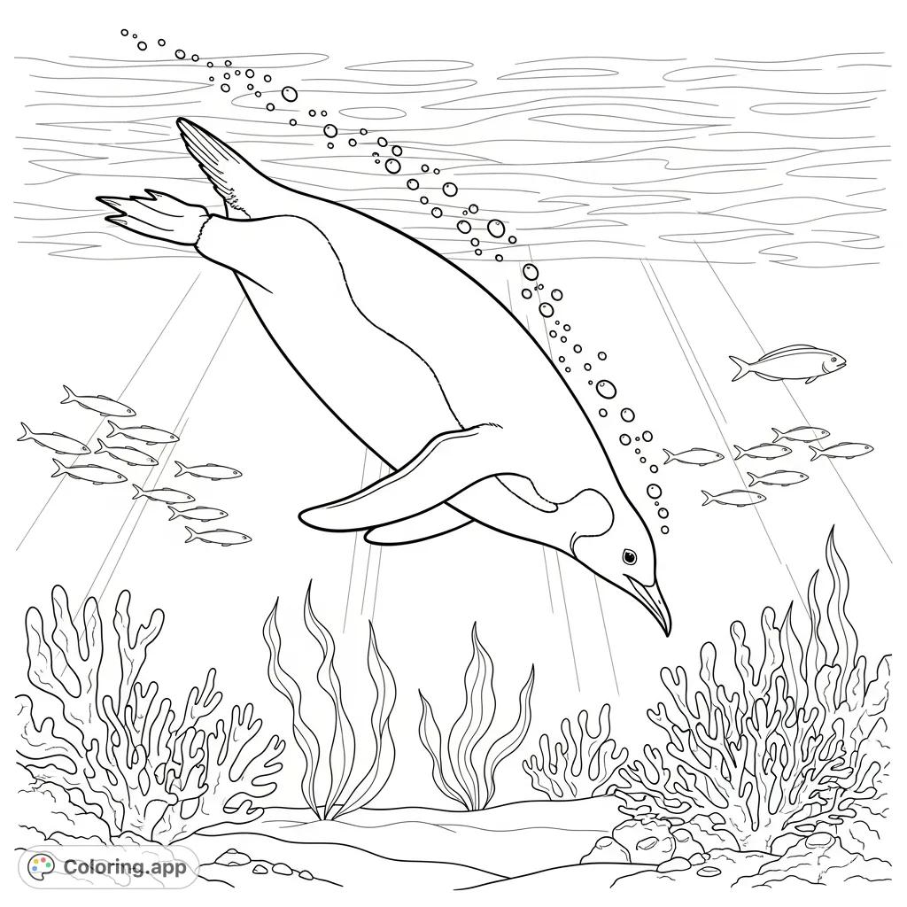 Dive into an exciting underwater world! A penguin gracefully glides through the ocean, surrounded by fish, coral, and sparkling light.