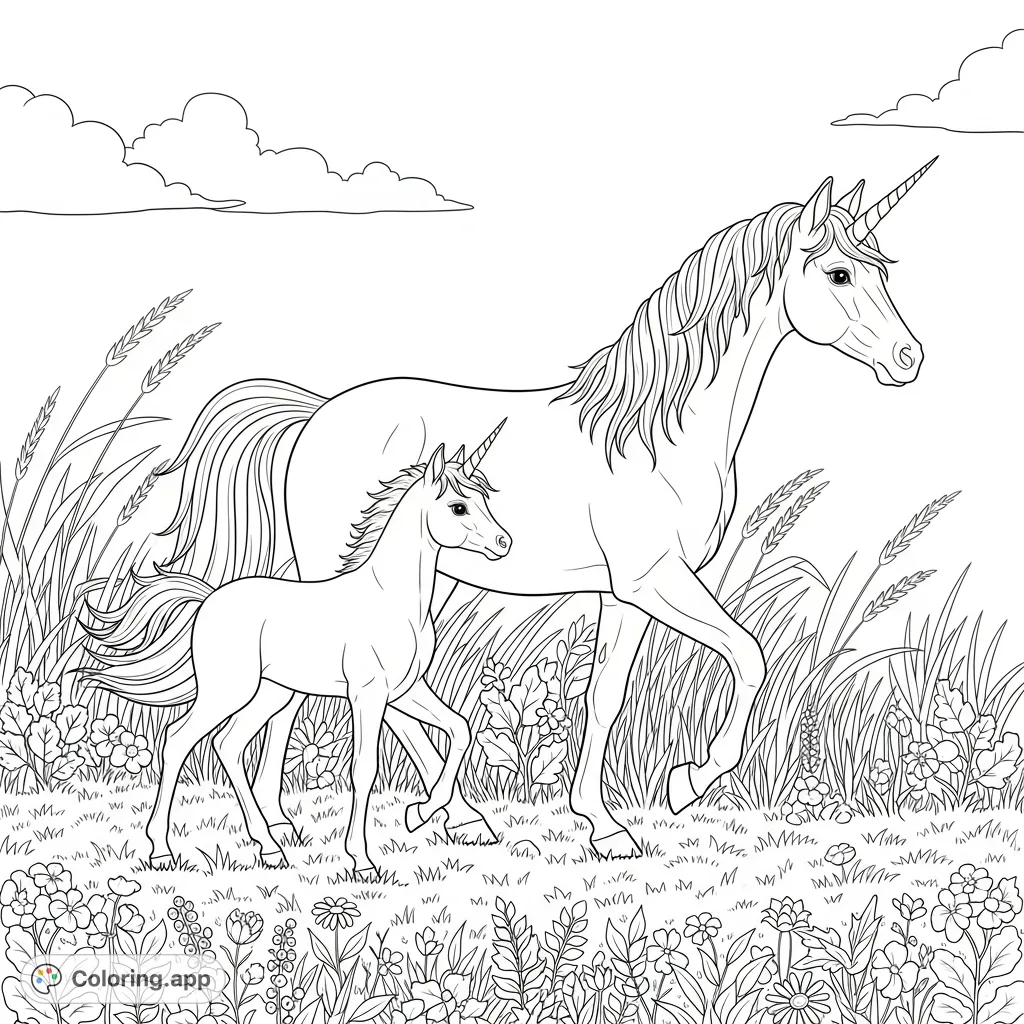 Color a serene scene of an adult unicorn and its adorable baby foal peacefully walking through a vibrant meadow filled with wildflowers and gentle grass.