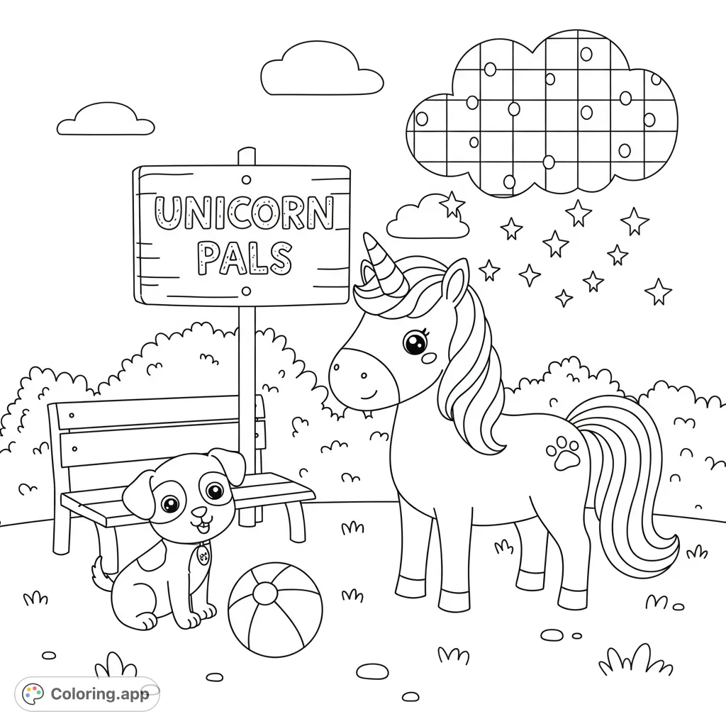An adorable unicorn and a playful puppy share a magical park scene, complete with a bench, ball, and starry clouds. Perfect for a whimsical coloring adventure!