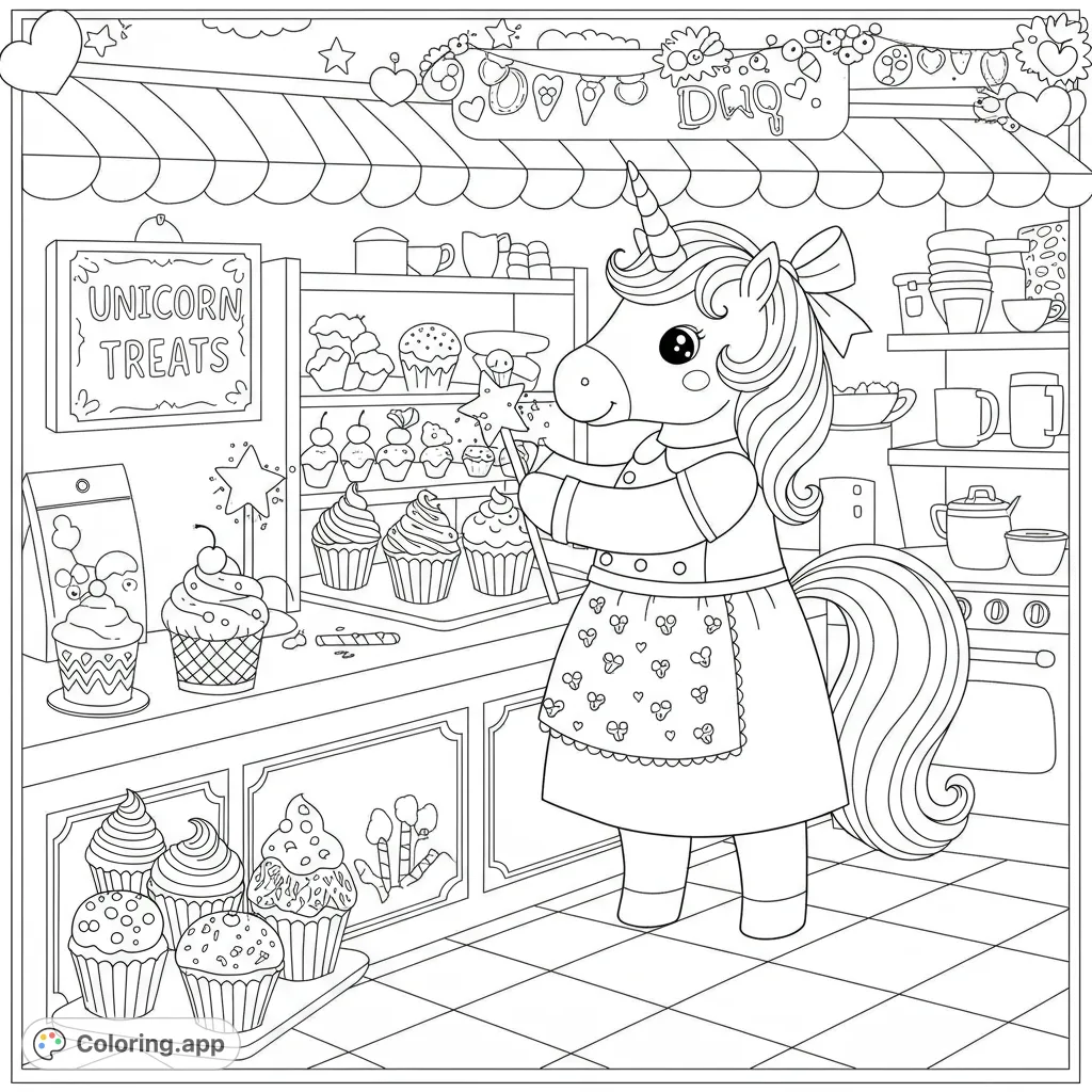 Enchanting unicorn bakes magical cupcakes in a sweet shop. A delightful free printable unicorn coloring page for kids, full of treats and charm.