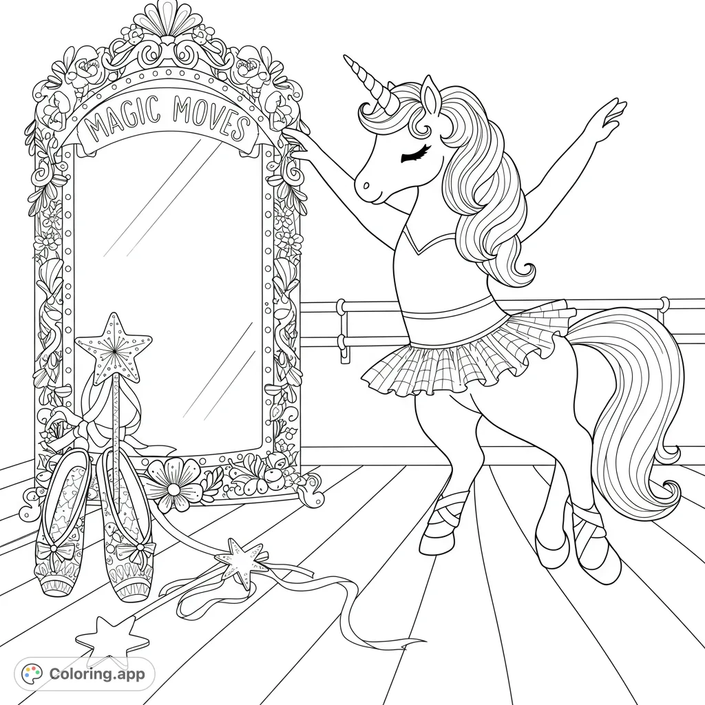 A whimsical unicorn ballerina practices in her magical studio, surrounded by an ornate mirror, ballet slippers, and star wands. Perfect for fantasy and dance lovers!