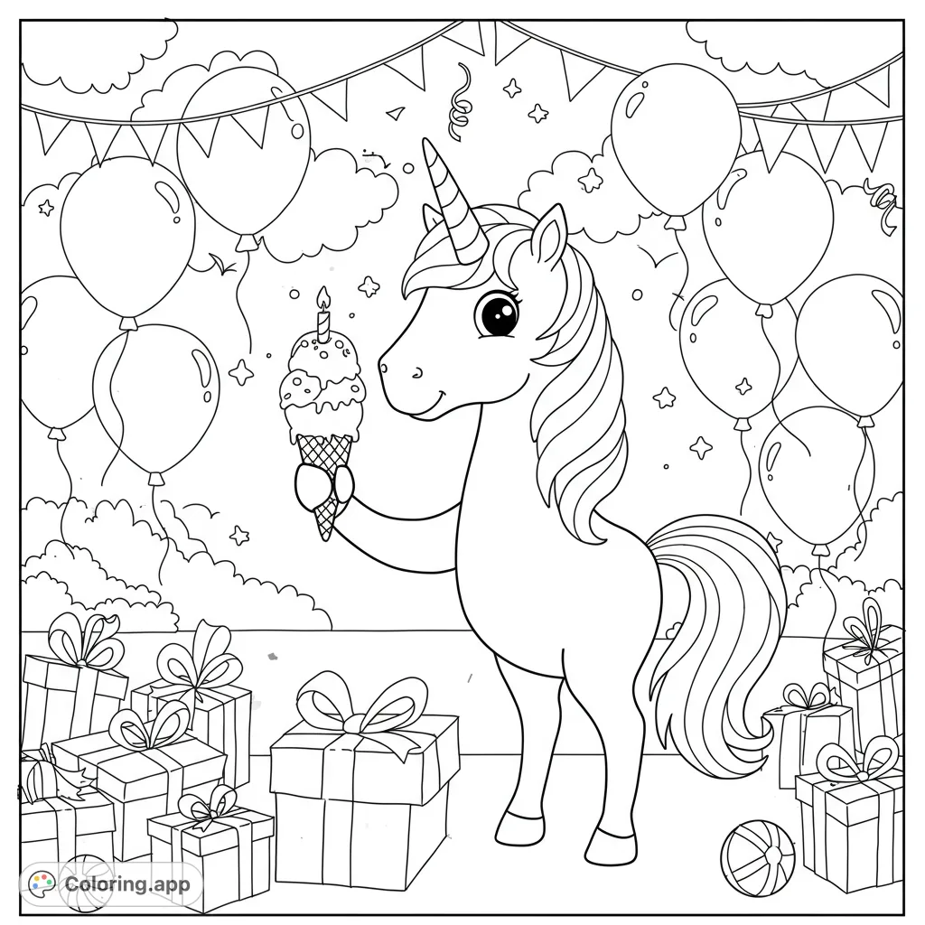 A magical unicorn celebrates with ice cream, balloons, and gifts. A free printable unicorn coloring page for kids and adults.