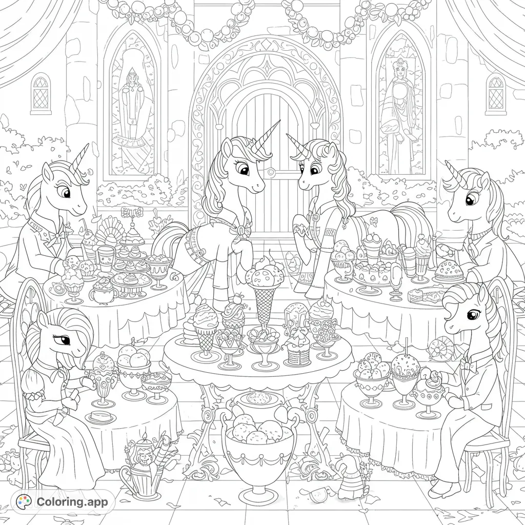 A magical unicorn dessert party in a grand hall, featuring unicorns enjoying ice cream, cakes, and pastries. Perfect for fantasy lovers!