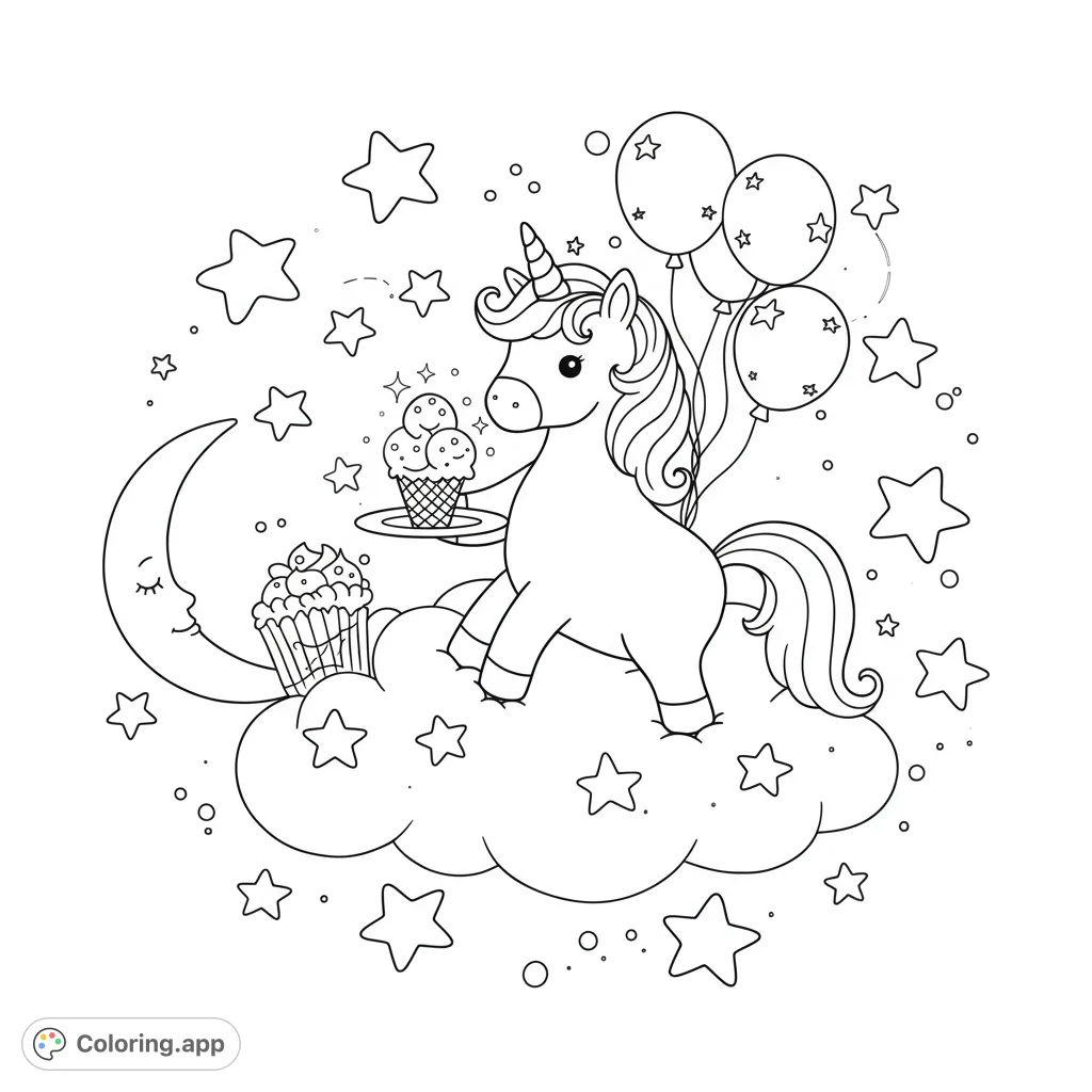 A magical unicorn on a cloud, holding a sparkling ice cream, surrounded by balloons, stars, a moon, and a cupcake. A whimsical fantasy coloring page for kids.