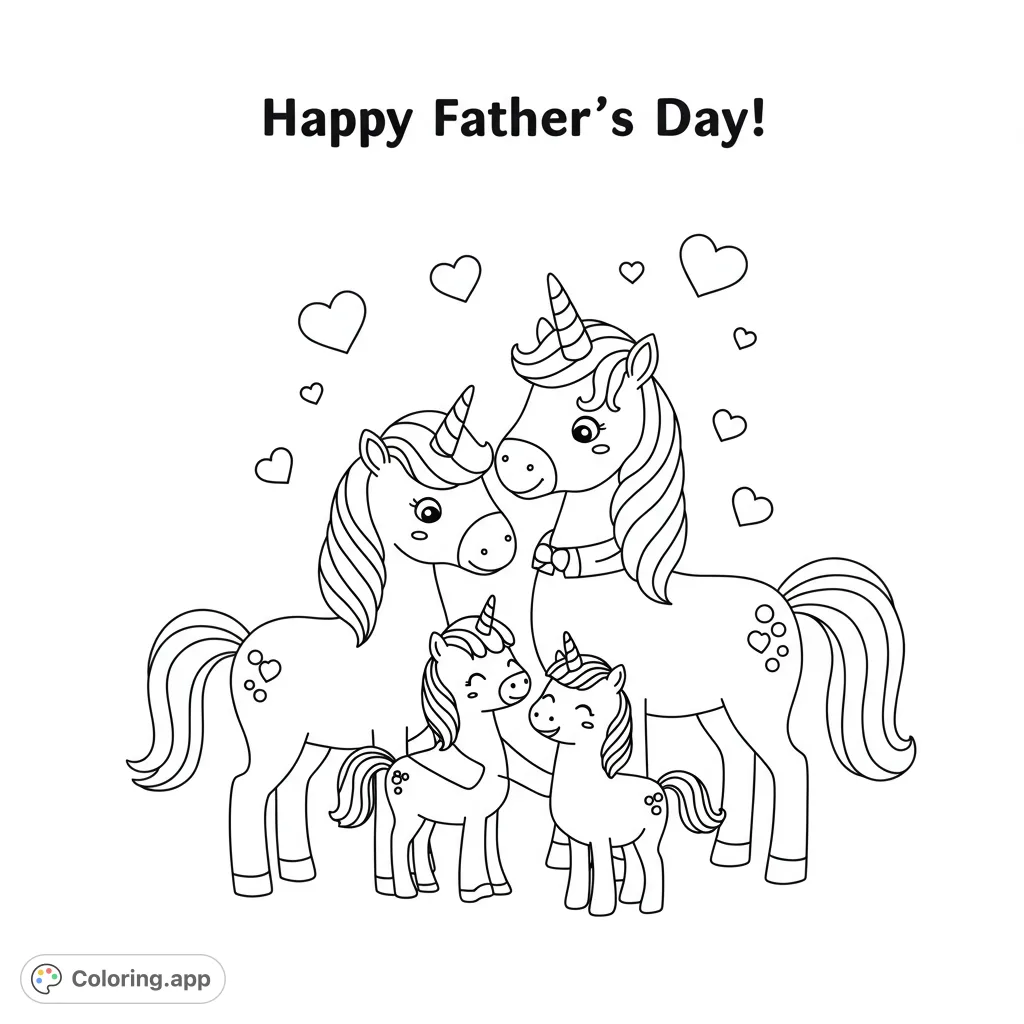 A heartwarming unicorn family coloring page featuring two adults and two adorable foals, surrounded by floating hearts. Perfect for all ages.