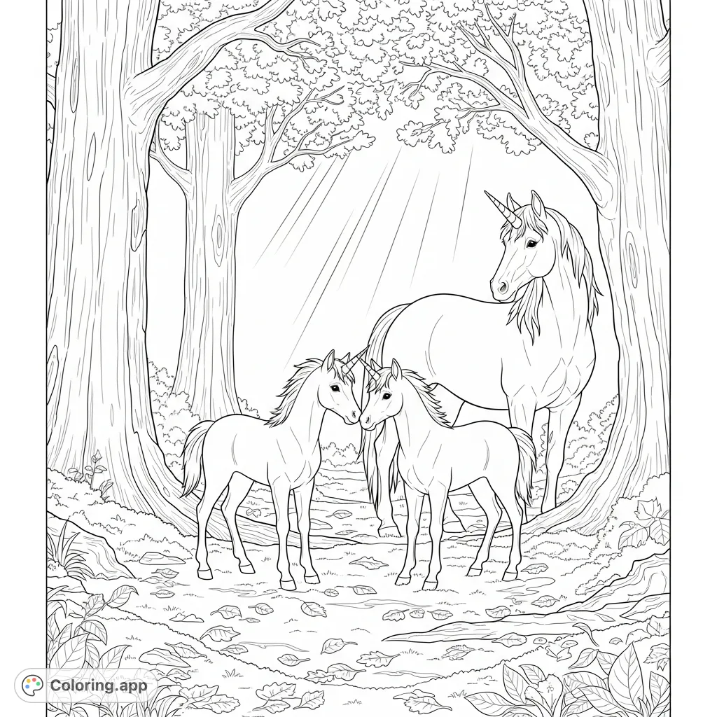 Discover a heartwarming unicorn family in a magical, sun-dappled glade. Two young unicorns nuzzle as an older guardian stands among ancient oaks. Free printable unicorn coloring page.