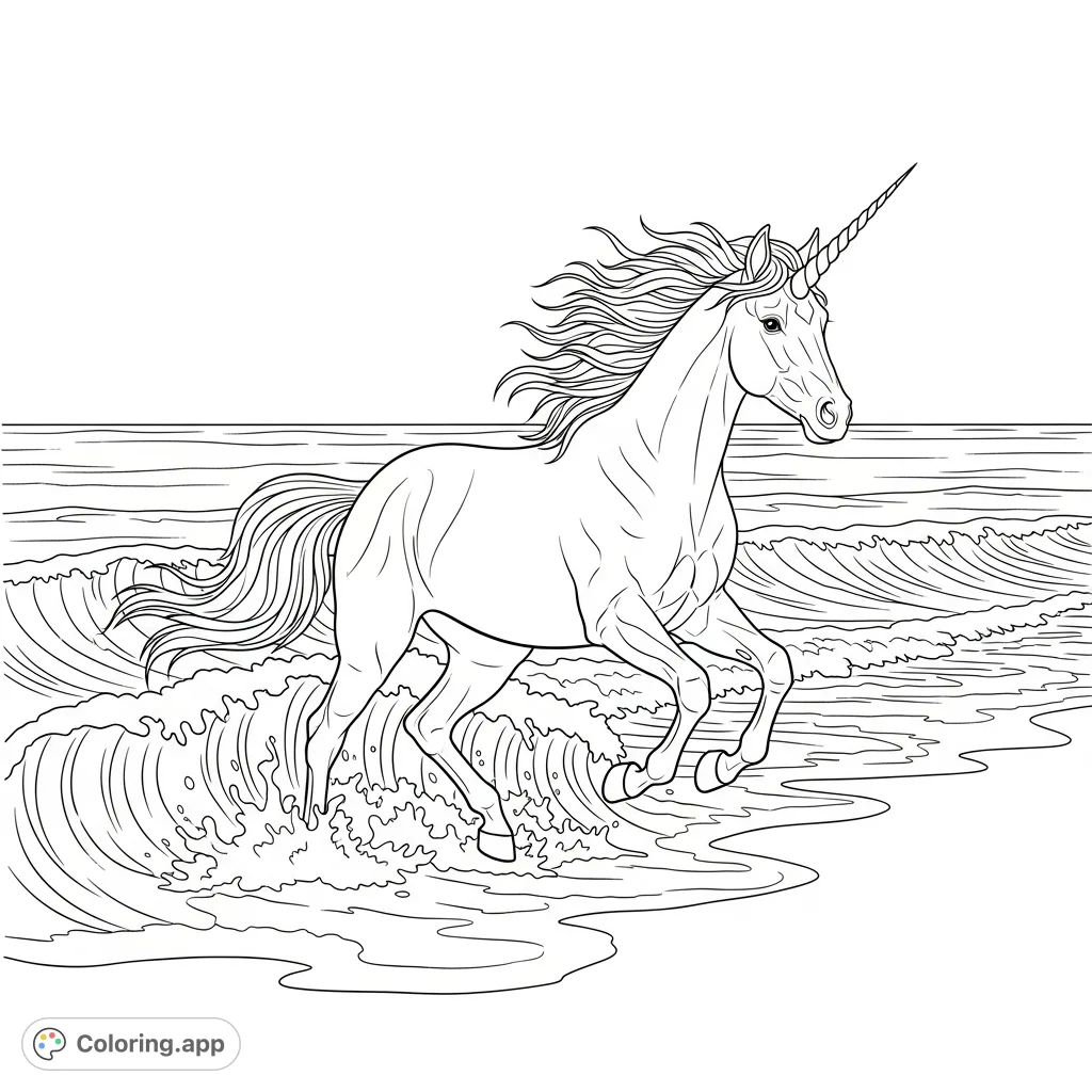 A majestic unicorn gallops across a beautiful beach with crashing waves and frothy foam. A magical scene for all ages to bring to life.