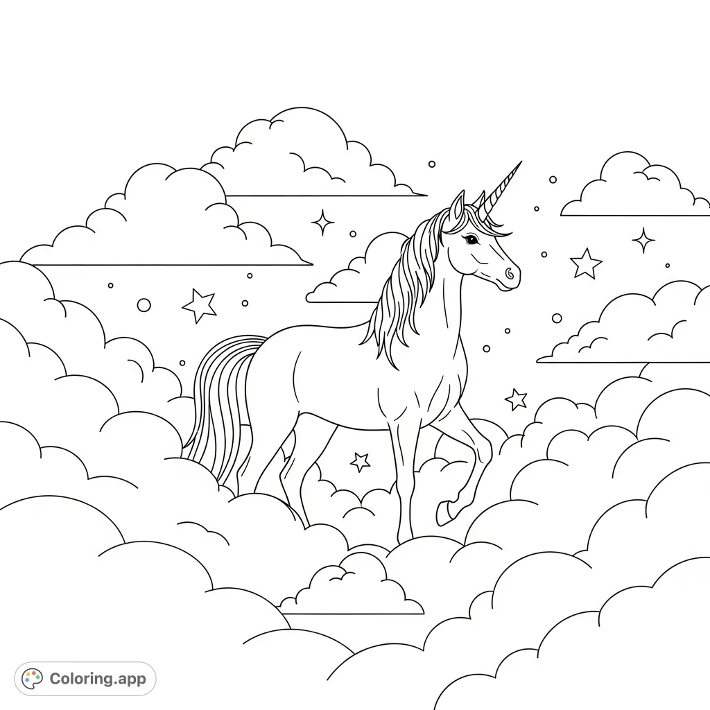 A graceful unicorn with a flowing mane and tail stands amidst a whimsical cloud world, surrounded by billowy clouds and gentle sparkles.