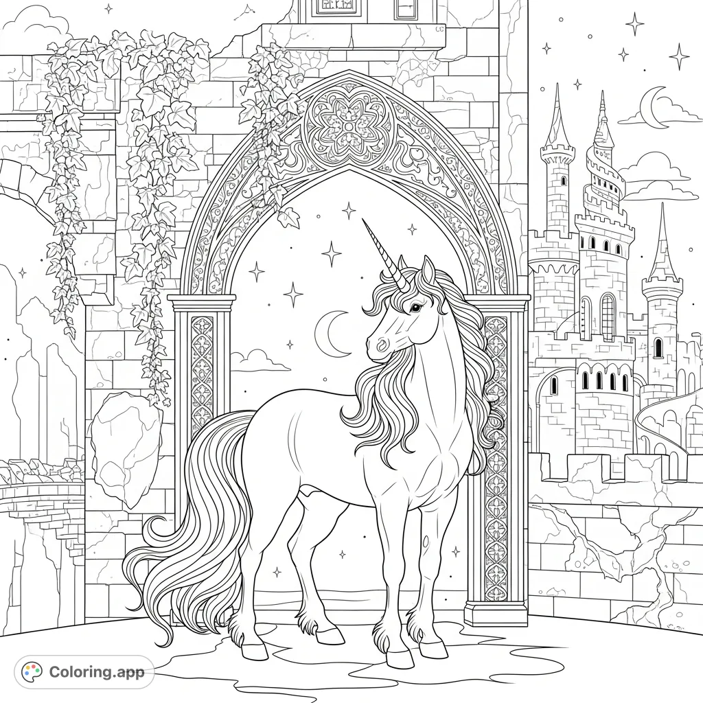 A majestic unicorn explores an ancient, magical castle with intricate carvings, spiraling towers, and celestial symbols, inviting imaginative coloring.