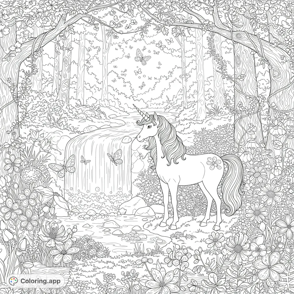 Discover a majestic unicorn by a magical waterfall in an enchanted forest, surrounded by butterflies and intricate flowers. A free printable fantasy coloring page.
