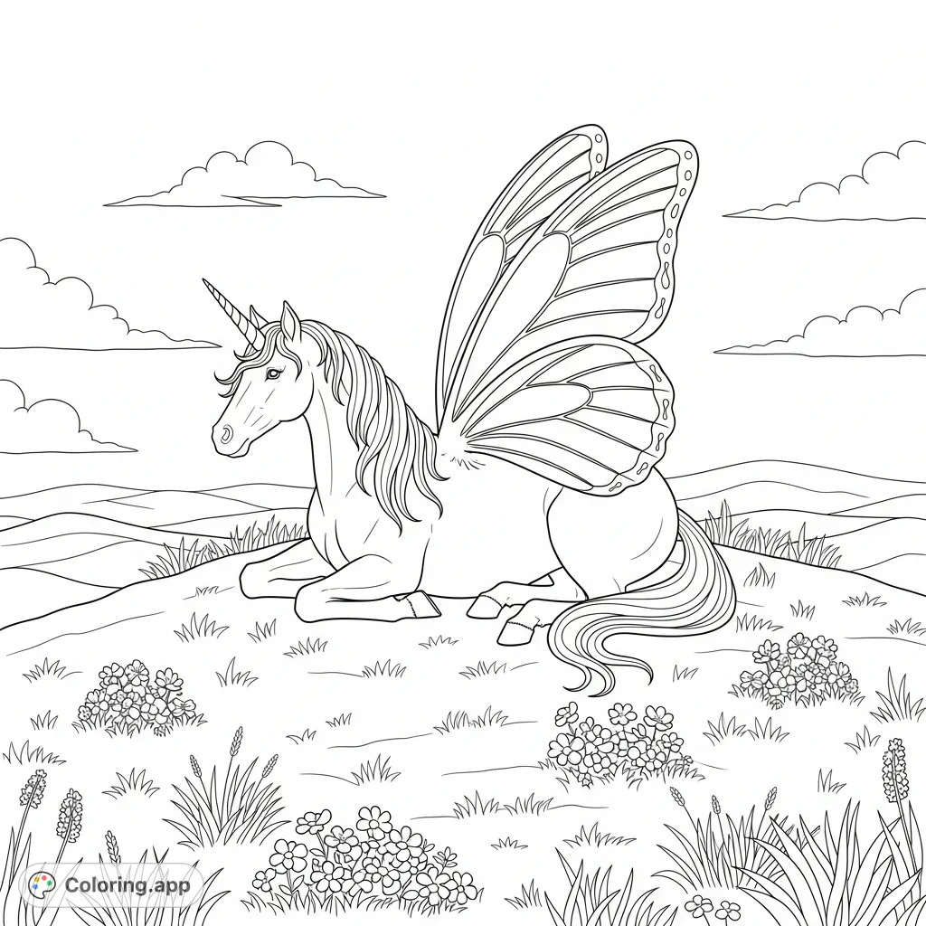 A graceful unicorn with intricate butterfly wings rests on a serene hilltop amidst wildflowers, offering a magical coloring experience for all ages.