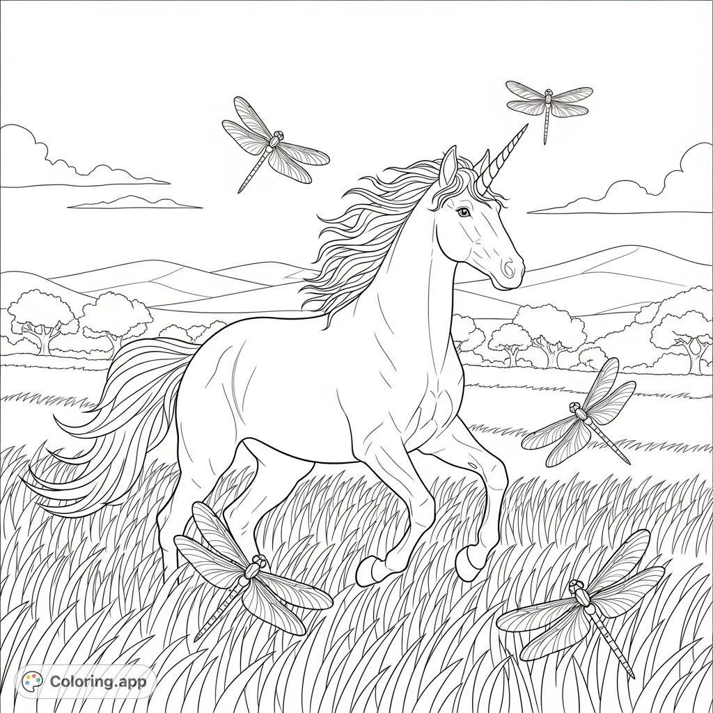 A majestic unicorn gracefully prances through tall grass, surrounded by delicate dragonflies in a serene meadow scene, perfect for magical coloring.