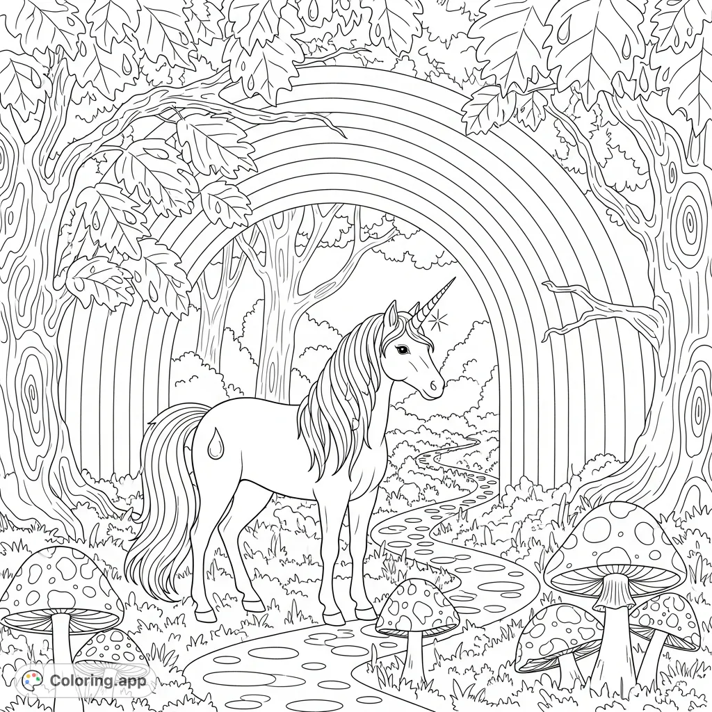 A majestic unicorn stands under a grand rainbow, surrounded by ancient trees with dewdrops. A magical mushroom path winds into the forest, inviting enchantment.