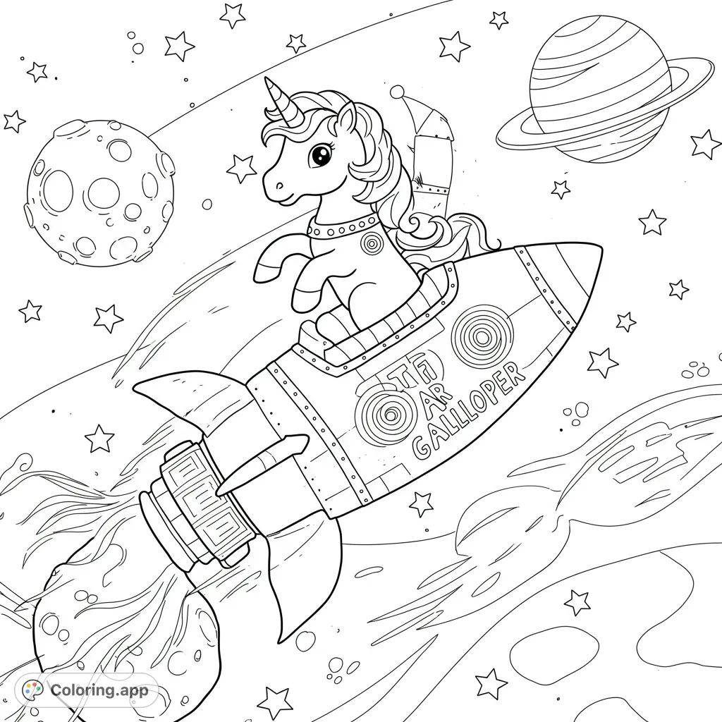An adorable unicorn blasts off in a retro rocket, soaring past planets and stars. A magical space adventure free printable coloring page!