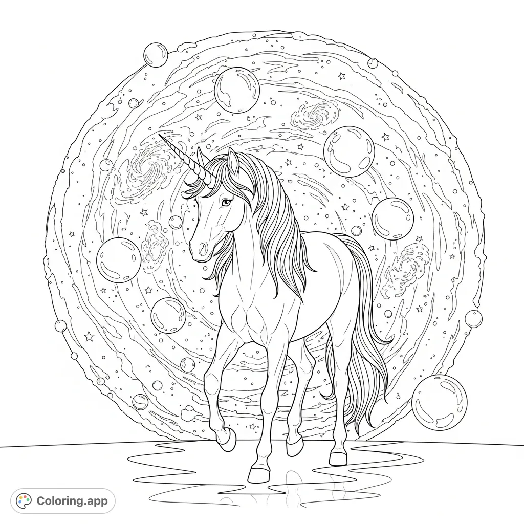 A fantastical unicorn emerges from a shimmering stardust portal, with cosmic views and ethereal orbs. A magical journey for colorists!