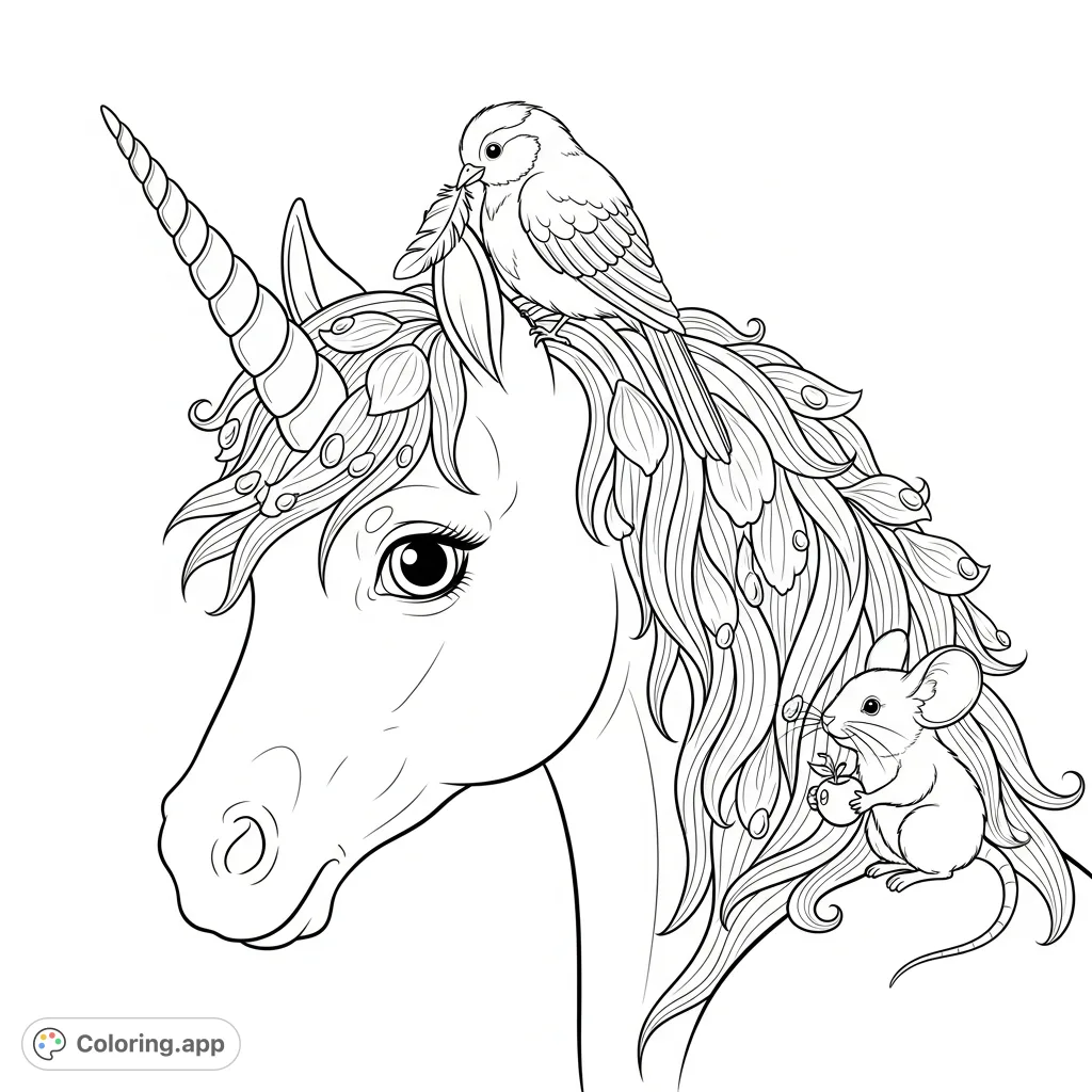A captivating close-up of a majestic unicorn, its pearly horn and petal-adorned mane accompanied by a tiny field mouse and a beautiful feathered bird.