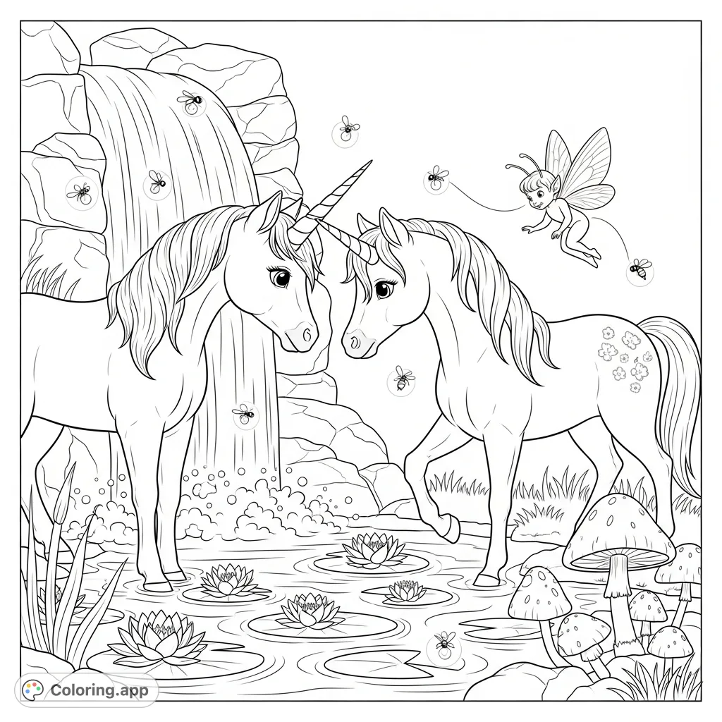 Immerse yourself in a magical twilight scene featuring two young unicorns, a shimmering waterfall, and a shy sprite amidst glowing fireflies and luminous mushrooms.