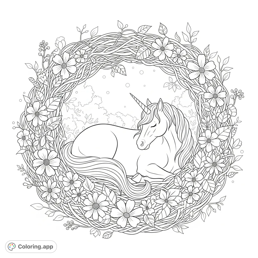 A majestic unicorn rests peacefully within a whimsical nest of interwoven vines, blooming flowers, and delicate leaves, nestled in an enchanted forest.