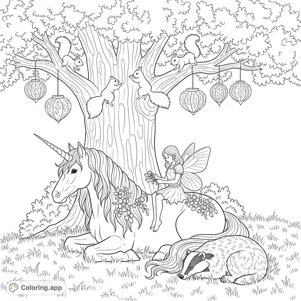 Discover a magical forest scene: a peaceful unicorn, a fairy braiding flowers, playful squirrels, and a dozing badger under a grand oak tree with glowing lanterns.