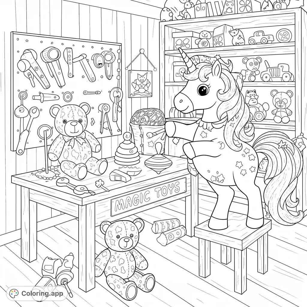 A charming toy workshop scene with a unicorn, teddy bears, and various tools and toys. Perfect for a magical coloring adventure!