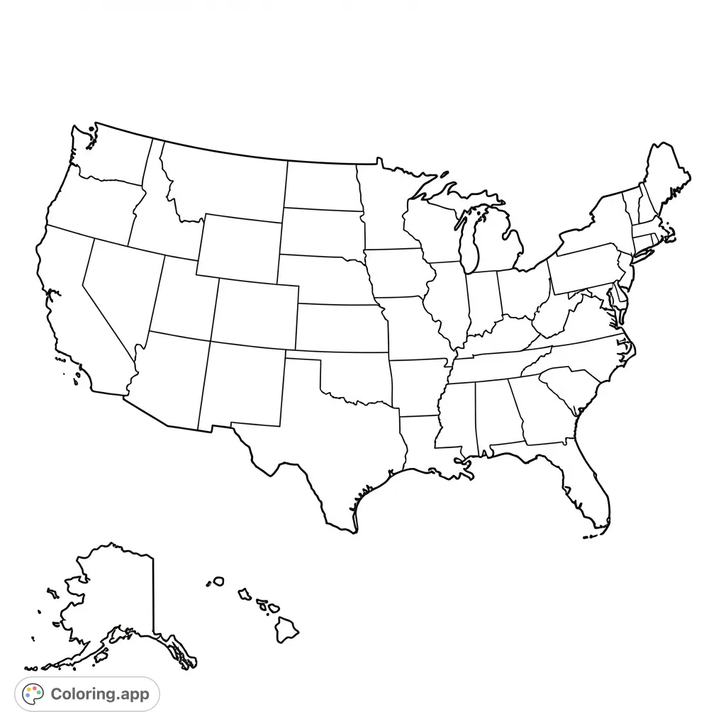 Detailed outline map of the United States, perfect for learning states and geography. A free printable USA map coloring page for all ages.