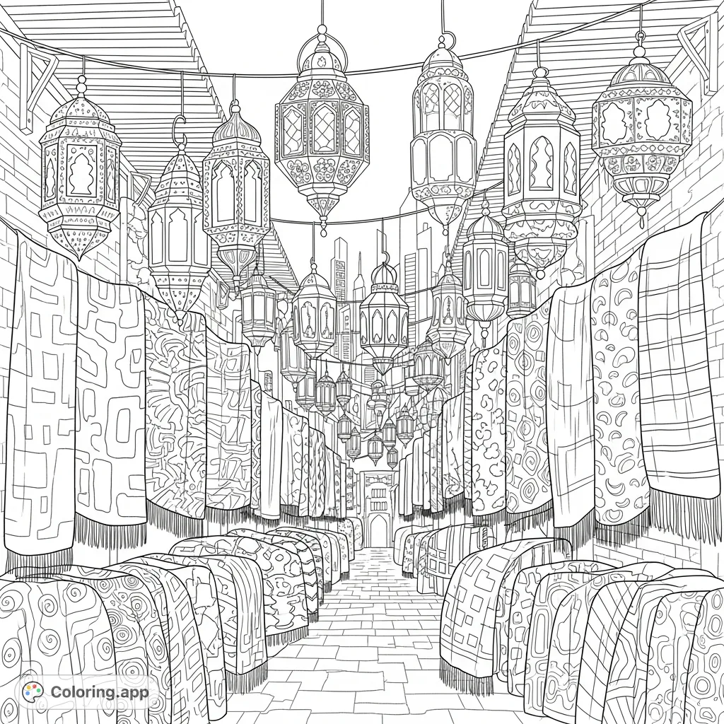 Explore a detailed marketplace alley with ornate hanging lanterns and textiles boasting abstract patterns. Distant skyscrapers add an urban touch to this vibrant scene.