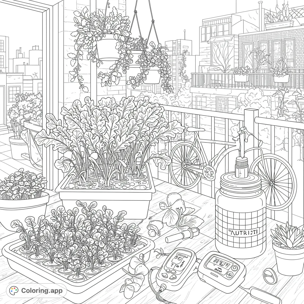 Explore a detailed urban balcony garden coloring page, featuring lush plants, gardening tools, and a vibrant city backdrop. A free printable coloring page for all ages.