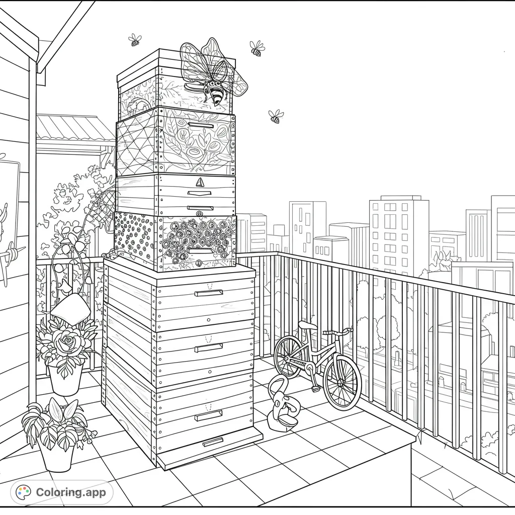 Explore an urban beekeeping scene with stacked beehives, buzzing bees, and potted plants on a city balcony. A unique nature-meets-city free printable coloring page.